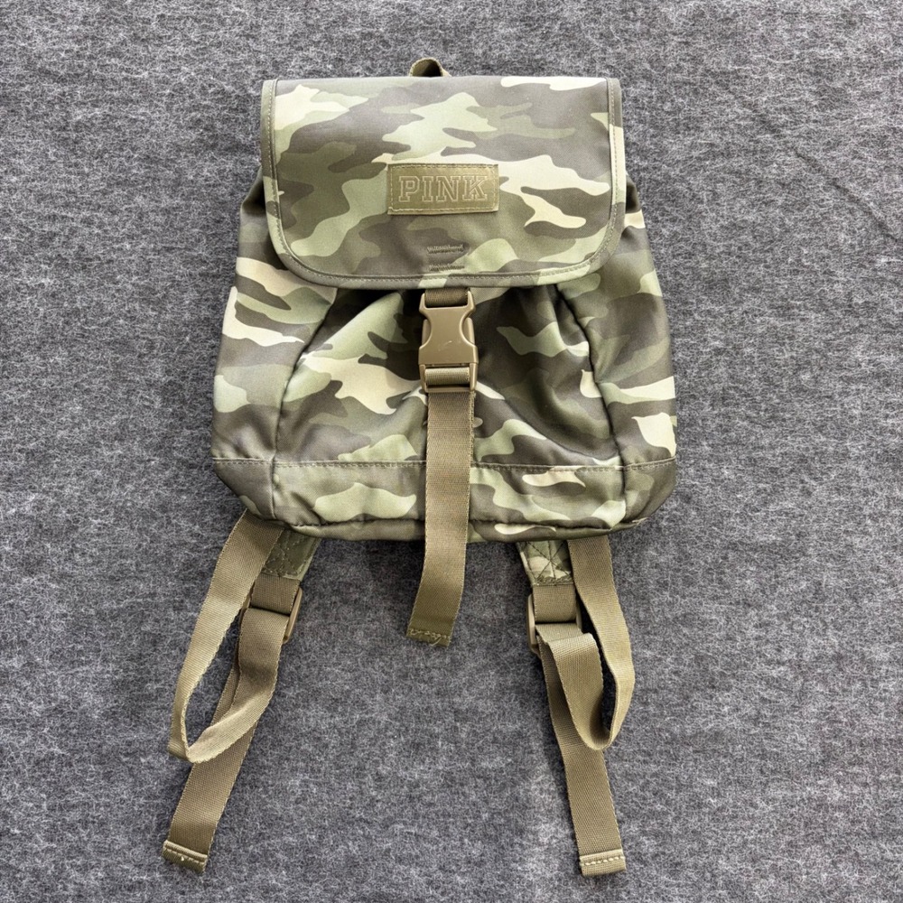 Victorias Secret PINK Mini Backpack Camo Green Canvas Buckle Flap Drawstring Bag